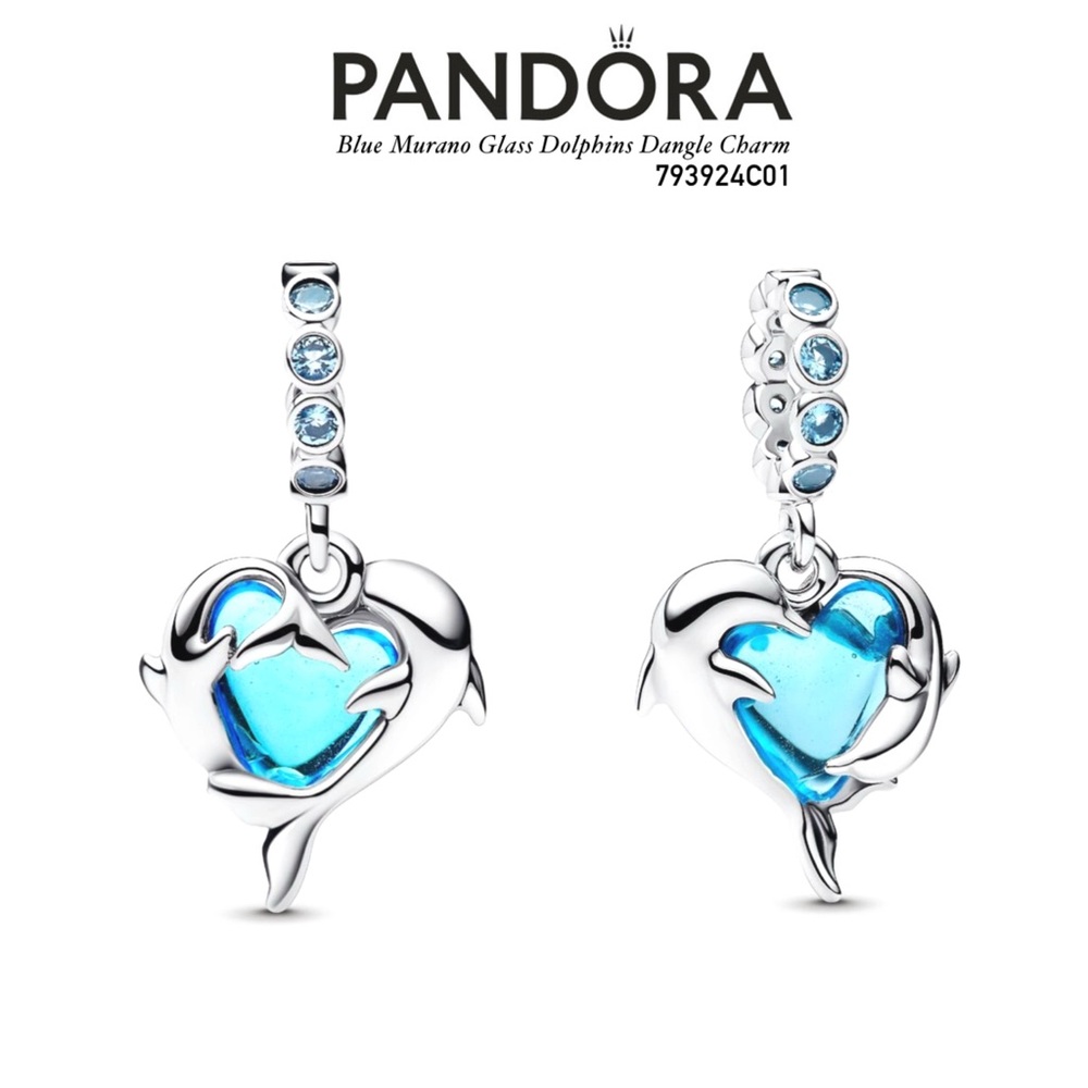 PANDORA Blue Murano Glass Dolphin Dangle Charm w/box